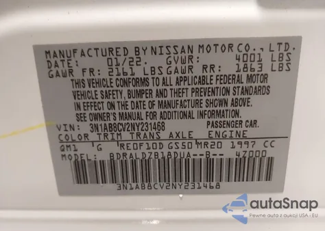2022 Nissan Sentra Sv Xtronic Cvt from USA, damaged, VIN 3N1AB8CV2NY231468